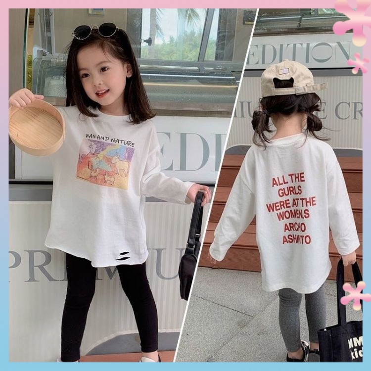 Cotton Spring and Autumn girls' mid-length T-shirt 2021 new children's wear white western style girls all-match loose