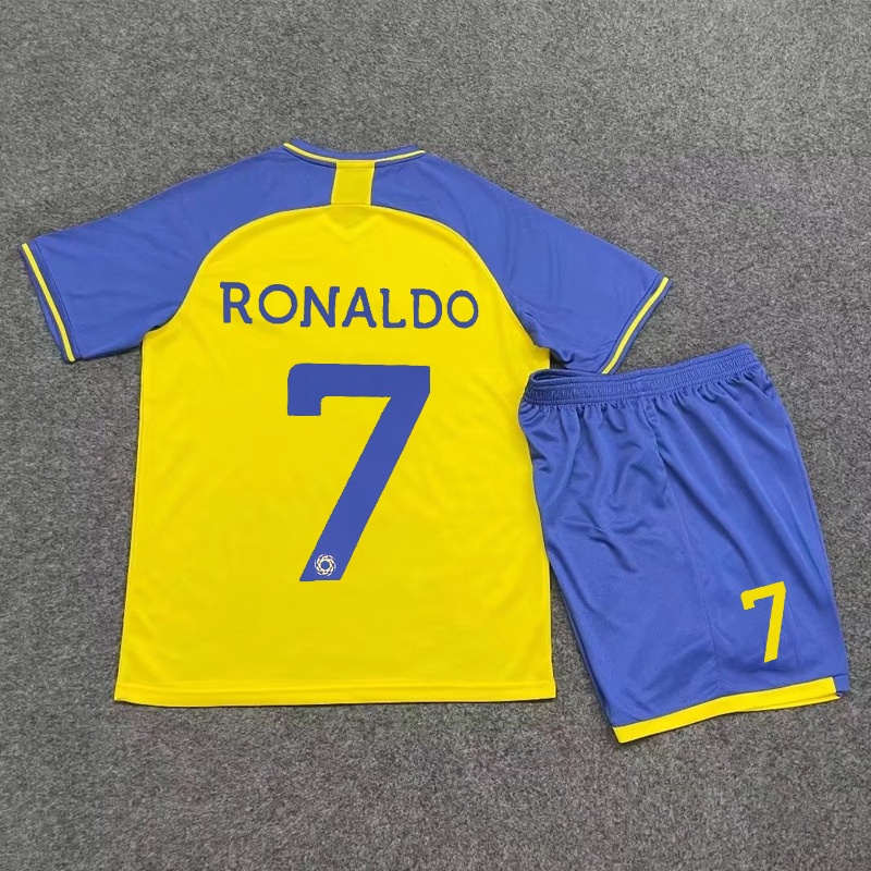 เสื้อกีฬาแขนสั้น ลายทีมชาติฟุตบอล Al-Nassr FC No.7 Ronaldo 2022-23 ชุดเหย้า สําหรับเด็กผู้ชาย และเด็กผู้หญิง