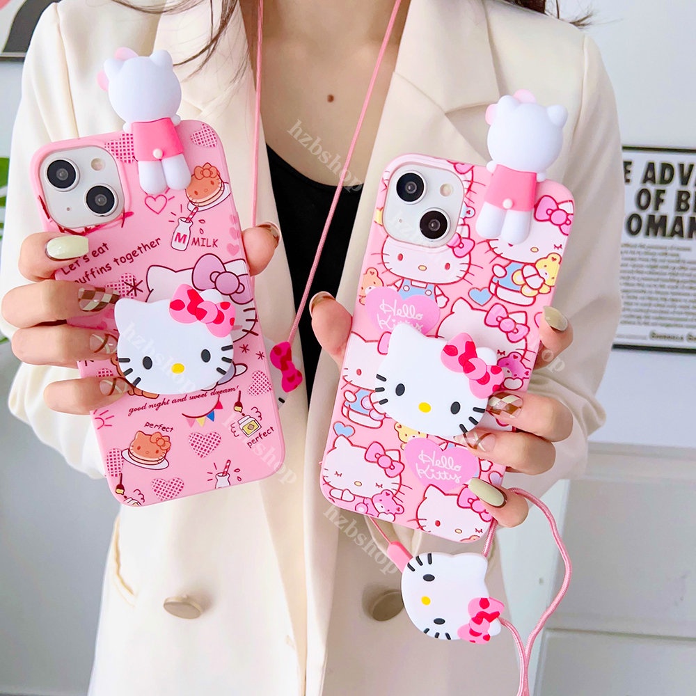 เคสโทรศัพท์มือถือ Tpu นิ่ม กันกระแทก ลายการ์ตูนคิตตี้น่ารัก พร้อมสายคล้อง สําหรับ iPhone 14 13 12 11 Pro Max iPhone X XR XS Max iPhone 6 6S 7 8 14 Plus