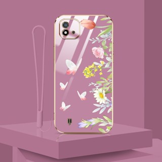 เคสโทรศัพท์มือถือ ลายดอกไม้ ผีเสื้อ พร้อมสายคล้อง หรูหรา สําหรับ OPPO Realme C20 C20A C11 2021 Realme Narzo 50i