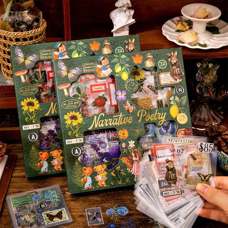 100 pcs Retro สติกเกอร์ตกแต่งของขวัญกล่อง Journaling กันน้ํา PET พืชดอกไม้สติกเกอร์สําหรับสมุดภาพไดอารี่ Planner DIY Craft
