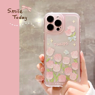 เคสโทรศัพท์มือถือแบบนิ่ม TPU ใส กันกระแทก กันรอยกล้อง ลายดอกทิวลิป สีชมพู สําหรับ iPhone 14 Pro Max 11 12 13 XR X XS 7 8 Plus SE 2022