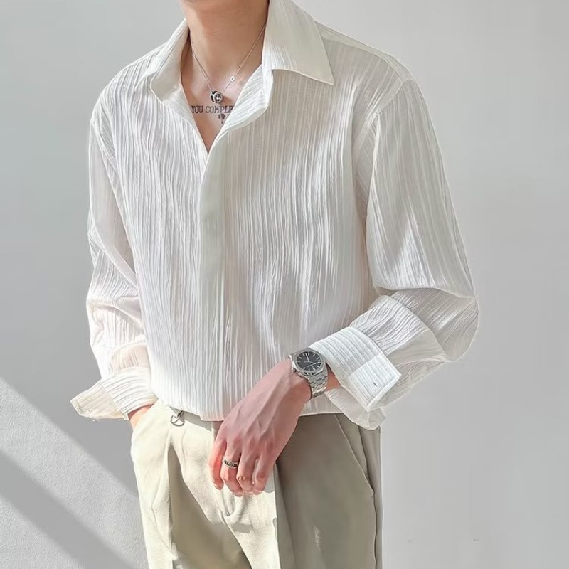 หลวมจีบเสื้อแขนยาวผู้ชายIns High-End Feeling Ruffianหล่อเสื้อลําลองไม่ใช่เหล็ก
