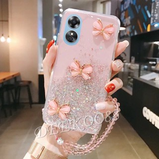 เคสโทรศัพท์มือถือนิ่ม แบบใส ปิดด้านหลัง ลายผีเสื้อ แต่งกลิตเตอร์ พร้อมสายคล้องมือ สําหรับ OPPO Reno8 T 5G 4G 2023 Reno 8 8T Reno8T