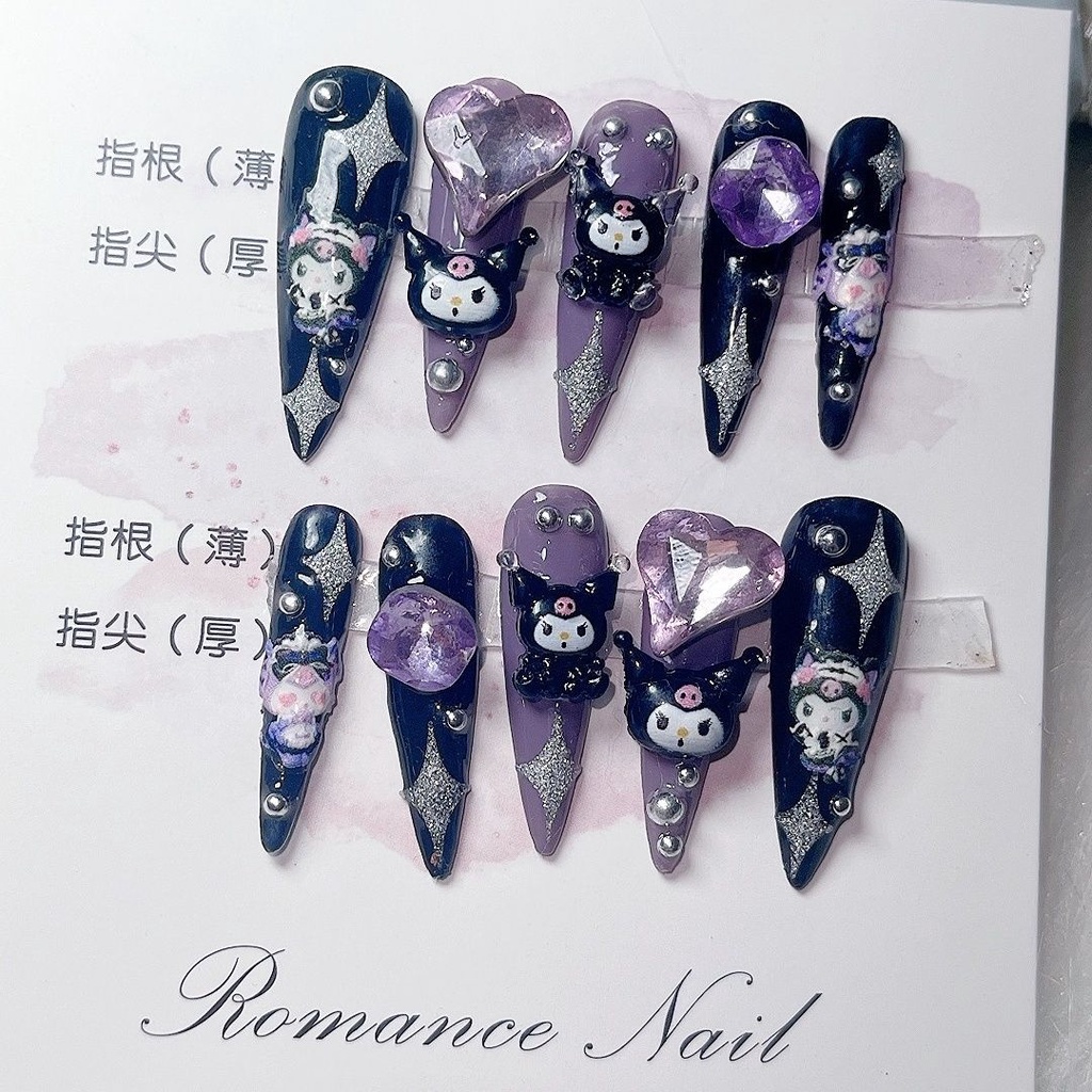 เล็บปลอม ลายการ์ตูน Kulomi Y2K 3 มิติ สีม่วง สีดํา สําหรับตกแต่งเล็บ