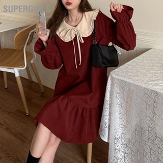 SUPERGIRLS ผู้หญิง มินิเดรสคอปกตุ๊กตา Ruffle แขนยาว Flowy A Line Contrast Collar Swing Flare Dress