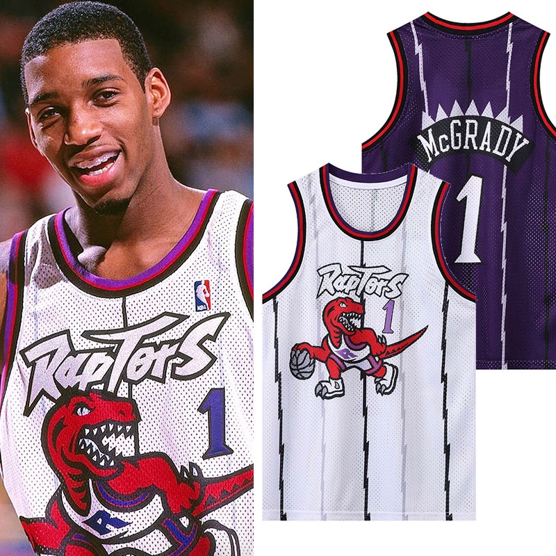 เสื้อกีฬาบาสเก็ตบอล คอกลม ลาย NBA Raptors McGrady No.1 สีขาว ม่วง สไตล์เรโทร คลาสสิก คุณภาพสูง สําหรับผู้ชาย และผู้หญิง
