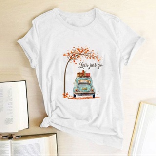 2023เสื้อยืดผ้าฝ้าย ✻Car Maple Lets Just Go Print T-shirts Women Summer Graphic Tee Loose Vogue T Shirt Women Harajuku