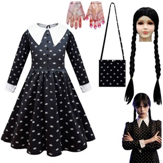 Yb1 Wednesday Addams ชุดเดรสคอสเพลย์ ความยาวปานกลาง สําหรับเด็ก BY1