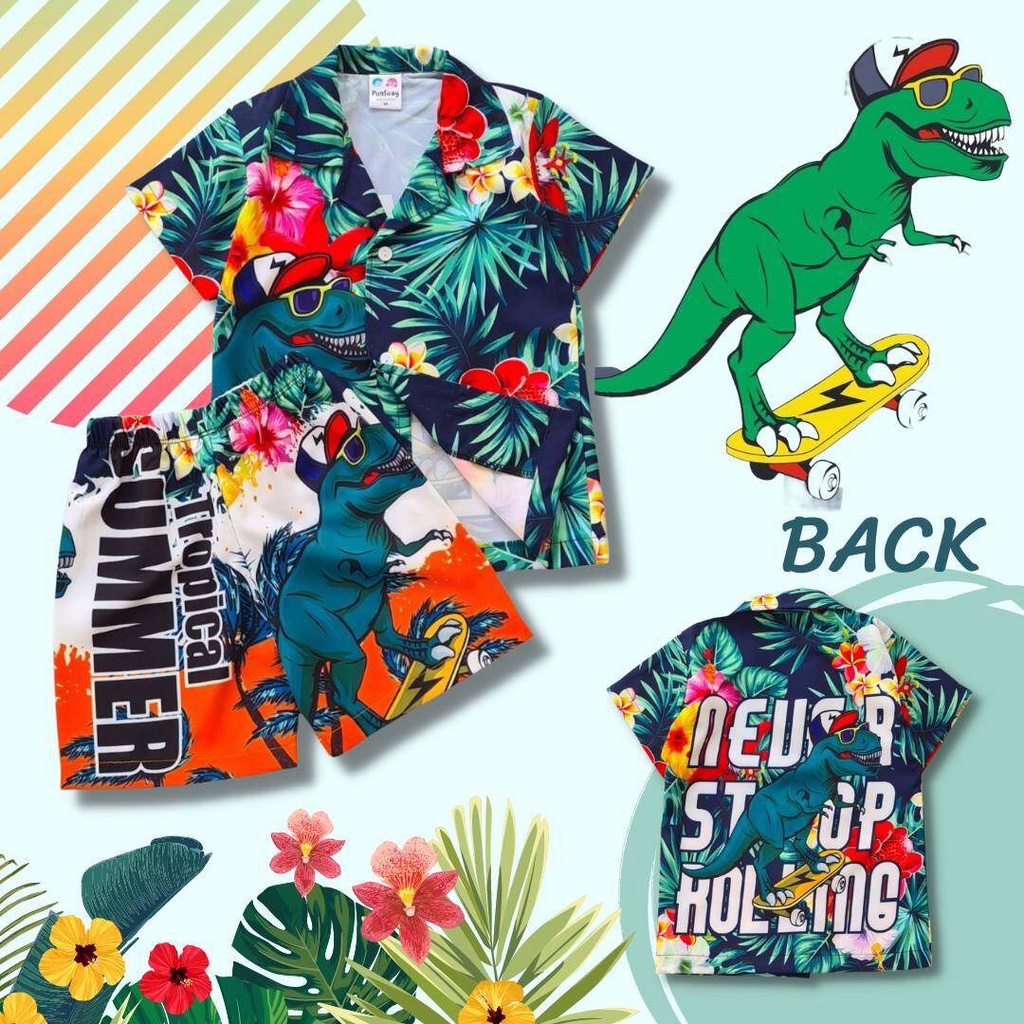DI0750 ชุดเด็ก เซ็ตเสื้อฮาวาย+กางเกงขาสั้น ผ้าไหมอิตาลี ลายไดโนเสาร์ ชุดเด็กแฟชั่น ชุดเด็กลายการ์ตูน ชุดเที่ยวทะเล
