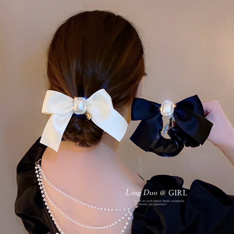 เส้นด้ายคุณภาพสูง Bow Hair Tie สี่เหลี่ยมผืนผ้า Pearl Bow เชือกผม Elegant Scrunchies สําหรับผู้หญิง Bun