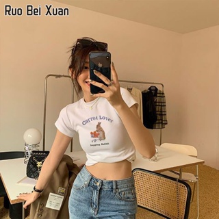 RUO BEI XUAN เสื้อยืดสตรีแฟชั่นใหม่สไตล์เกาหลีผ้าฝ้ายแขนสั้นพิมพ์ลายเสื้อยืด