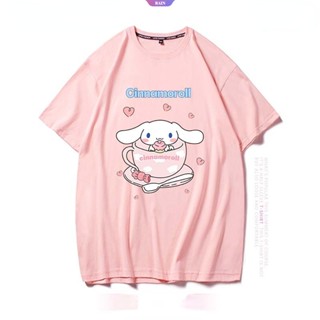 SANRIO ใหม่ เสื้อยืดแขนสั้น ผ้าฝ้าย พิมพ์ลายการ์ตูนอนิเมะ Cinnamoroll ทรงหลวม สไตล์ญี่ปุ่น เหมาะกับฤดูร้อน สําหรับเด็กผู้หญิง [RAIN]