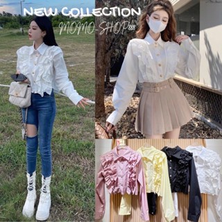 🍁พร้อมส่ง🍁เสื้อครอปคอปกแต่งระบายอก เสื้อครอปสายเกา เสื้อเชิ้ตลูกคุล เชิ้ตฟรุ้งฟริ้ง