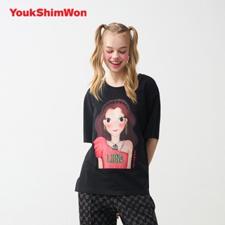 Youk SHIM เสื้อยืดลําลอง แขนสั้น พิมพ์ลายการ์ตูน ทรงหลวม สําหรับผู้หญิง