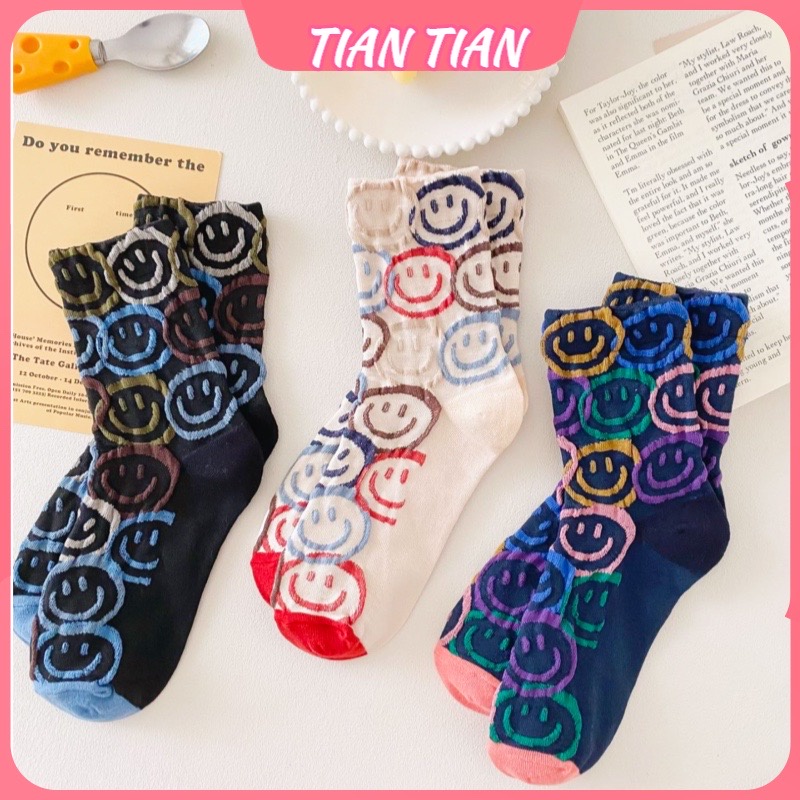 TIANTIAN T259 เกาหลี Dongdaemun ถุงเท้ากลางผู้หญิง กราฟฟิตี หน้ายิ้ม นูน สีสดใส สไตล์ญี่ปุ่น อินเทรนด์