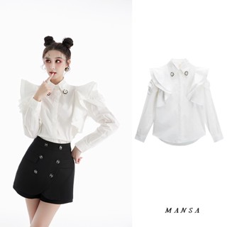 MANSA white ruffled shirt+black shorts set เสื้อเชิ้ตสีพื้น เสื้อผ้าแฟชั่นผู้หญิง