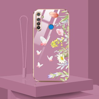 เคสโทรศัพท์มือถือ ลายดอกไม้ ผีเสื้อ พร้อมสายคล้อง หรูหรา สําหรับ OPPO Realme 5 Pro 5i 5S 6i C3 C3i Realme Narzo 10 20A