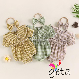 Geta- ชุดเพลย์สูท แขนสั้น คอตุ๊กตา ลายสก๊อต และที่คาดผม ประดับโบว์ แฟชั่นฤดูร้อน สําหรับเด็กทารก