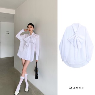 MANSA white bow shirt oversized เสื้อโอเวอร์ไซส์ เสื้อเชิ้ตแขนยาว เสื้อเชิ้ตสาวอวบ