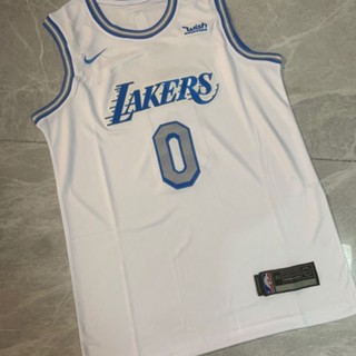 เสื้อกีฬาแขนสั้น ลายทีม Wayshow No. ชุดยูนิฟอร์มบาสเก็ตบอล ปักลายตัวอักษร Lakers White City Edition สไตล์ยุโรป สําหรับผู้ชาย 418059