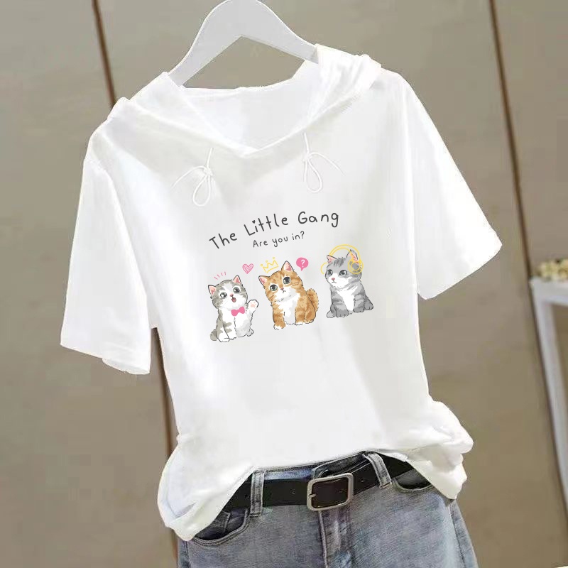 เสื้อ มี ฮู้ด ผู้หญิง เสื้อยืดแขนสั้นลําลอง มีฮู้ด ทรงหลวม พิมพ์ลาย แฟชั่นฤดูร้อน สําหรับผู้หญิง เสื้อฮู้ด เสื้อผ้าแฟชั่นผู้หญิง