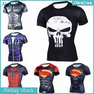 Aks เสื้อยืดลําลอง แขนสั้น รัดรูป พิมพ์ลายอนิเมะ Superhero Punisher Captain America Superman 3D สําหรับผู้ชาย