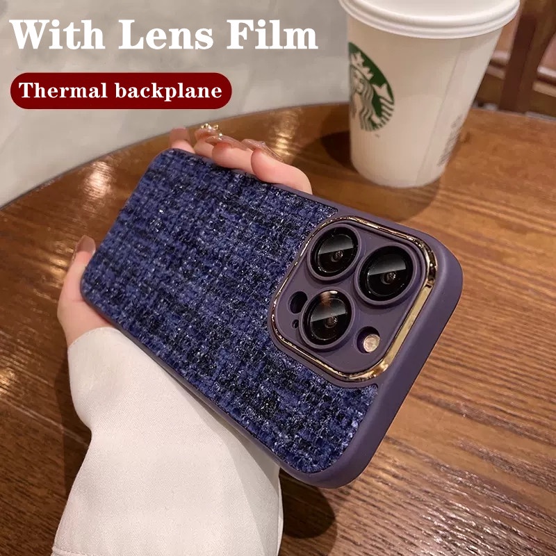 เคสโทรศัพท์มือถือ ผ้าฟาบริค ปักลาย สไตล์เรโทร พร้อมฟิล์มป้องกันเลนส์ สําหรับ iPhone 14 13 12 11 Pro Max 14 Plus