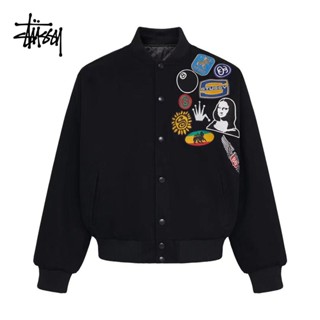 เสื้อแจ็กเก็ตเบสบอล คอปกตั้ง ปักลายโลโก้ Stussy แบบดั้งเดิม เหมาะกับคู่รัก สไตล์สปอร์ต