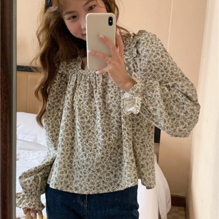 Suxi เสื้อเชิ้ตแขนยาว คอสี่เหลี่ยม ทรงหลวม ลายดอกไม้น่ารัก สไตล์เกาหลี