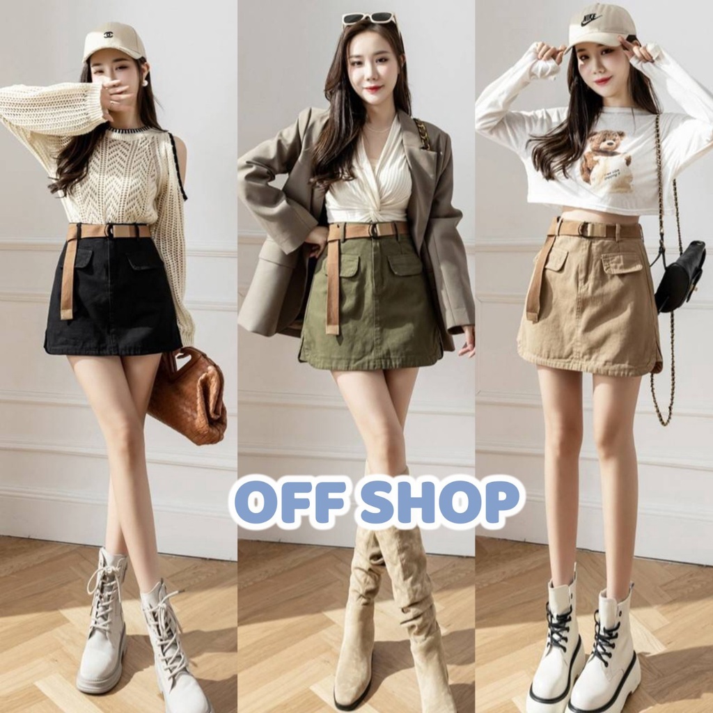 OFF SHOP พร้อมส่ง (OFF-6696) กระโปรงเอวสูง ทรงเอ มีซับในบางๆ แถมเข็มขัด -NZ