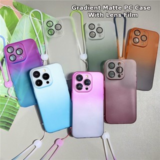 Skin Feel เคส PC ใส ไล่ระดับสี ผิวด้าน พร้อมฟิล์มเลนส์ สําหรับ iPhone 14 13 Pro Plus Max กันชนหลัง เคสป้องกัน