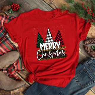 [Ready Stock] Merry Christmas Plaid Chriatmas Tree Snow Print Women T-shirt 2022 New Year Clothingเสื้อยืดผู้หญิง