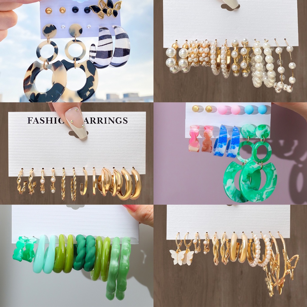 6 ชิ้น / เซต แฟชั่นเกาหลี ลายเสือดาว ผีเสื้อ / โลหะ / เรซิน สีเขียว ต่างหู สร้างสรรค์ อารมณ์วินเทจ มุก วงกลม ต่างหูชุด