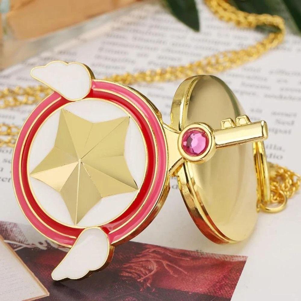 Fashionhubz SAILOR MOON นาฬิกาพ็อกเก็ตสไตล์ญี่ปุ่นแบบพกพา Sweet CARDCAPTOR SAKURA Star Wings คริสตัล Key Shape สร้อยคอนาฬิกา