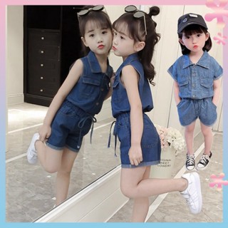 Girls denim suit summer clothes Korean style washed cotton denim childrens clothes fashionable denim shorts two-piece fashionable clothes