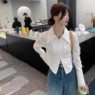 Suxi เสื้อเชิ้ตแขนยาว คอปก มีซิป สีขาว เรียบง่าย แฟชั่นฤดูใบไม้ผลิ สําหรับผู้หญิง