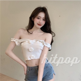 Hitpop- เสื้อครอปท็อป คอวี แขนกุด ลายดอกกุหลาบ 3D แฟชั่นฤดูร้อน สําหรับผู้หญิง