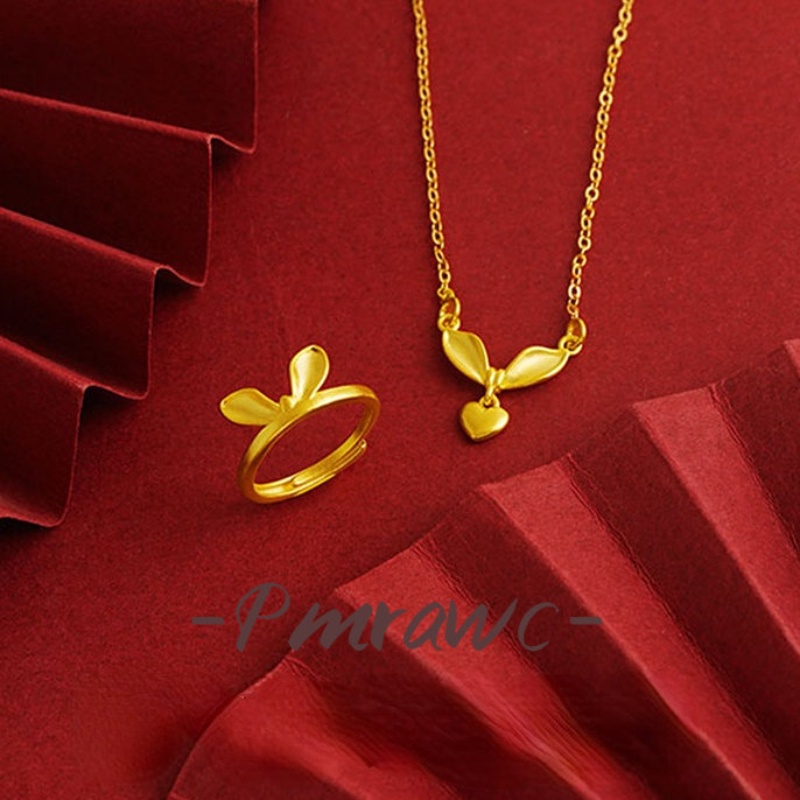 Pmrwc | Au999 Vigorous กระต่ายหูสร้อยคอแหวนแฟชั่นผู้หญิง All-Match 24K Gold อุปกรณ์เสริมชุด FS267