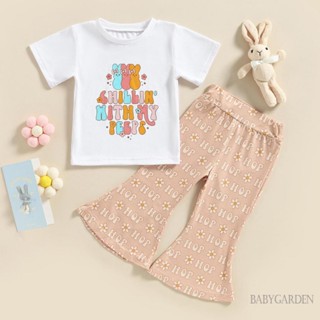 Babygarden ชุดเสื้อผ้าเด็กทารก แขนสั้น คอกลม พิมพ์ลายตัวอักษร กระต่าย เสื้อยืด + กางเกงขาบาน