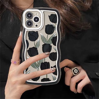 เคสโทรศัพท์มือถือ TPU ลายดอกทิวลิป สีดํา สําหรับ OPPO A17 A57 2022 A15 A16 A16K A54 A12 A5S A7 A94 A93 A3S A11k A53 A31 A52 A92 A37 F9 A1K A76 A36 5F A9 2020