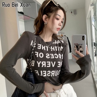 RUO BEI XUAN เสื้อแขนยาวผู้หญิงใหม่สไตล์เกาหลีมือฮัสซันคอกลมแขนยาวพิมพ์ตัวอักษรเสื้อยืด