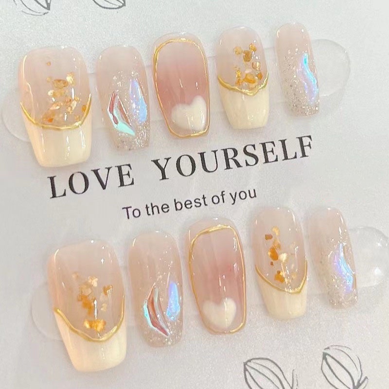 HANDMADENails Gold Leaf Crystal Inlay เล็บประดิษฐ์ส่องไฟเล็บนํากลับมาใช้ใหม่และถอดได้