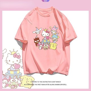 เสื้อยืดแขนสั้น ผ้าฝ้าย แบบบาง ทรงหลวม พิมพ์ลายการ์ตูนอนิเมะ Sanrio แฟชั่นฤดูร้อน สไตล์ญี่ปุ่น สําหรับเด็กผู้หญิง [RAIN]