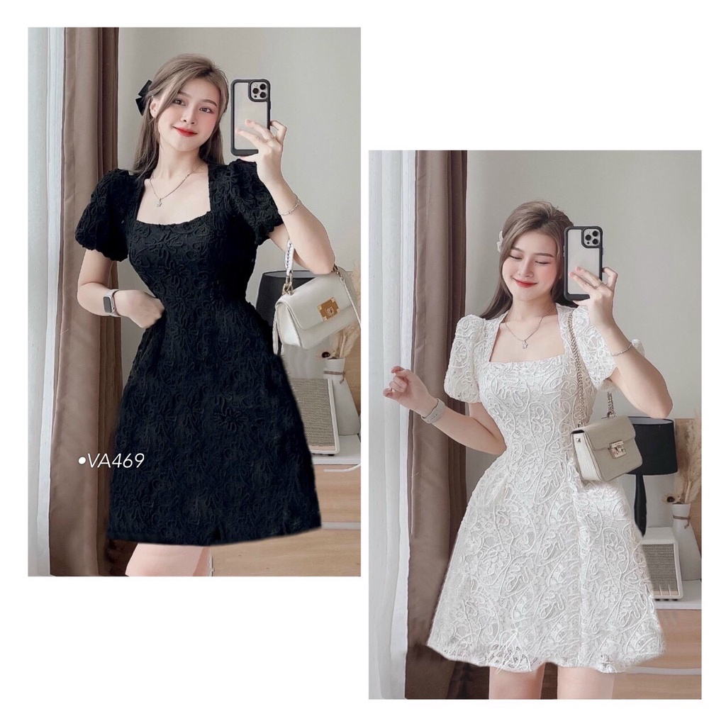 VA469 SQUARE NECK เดรสลูกไม้ลายดอกไม้พอง