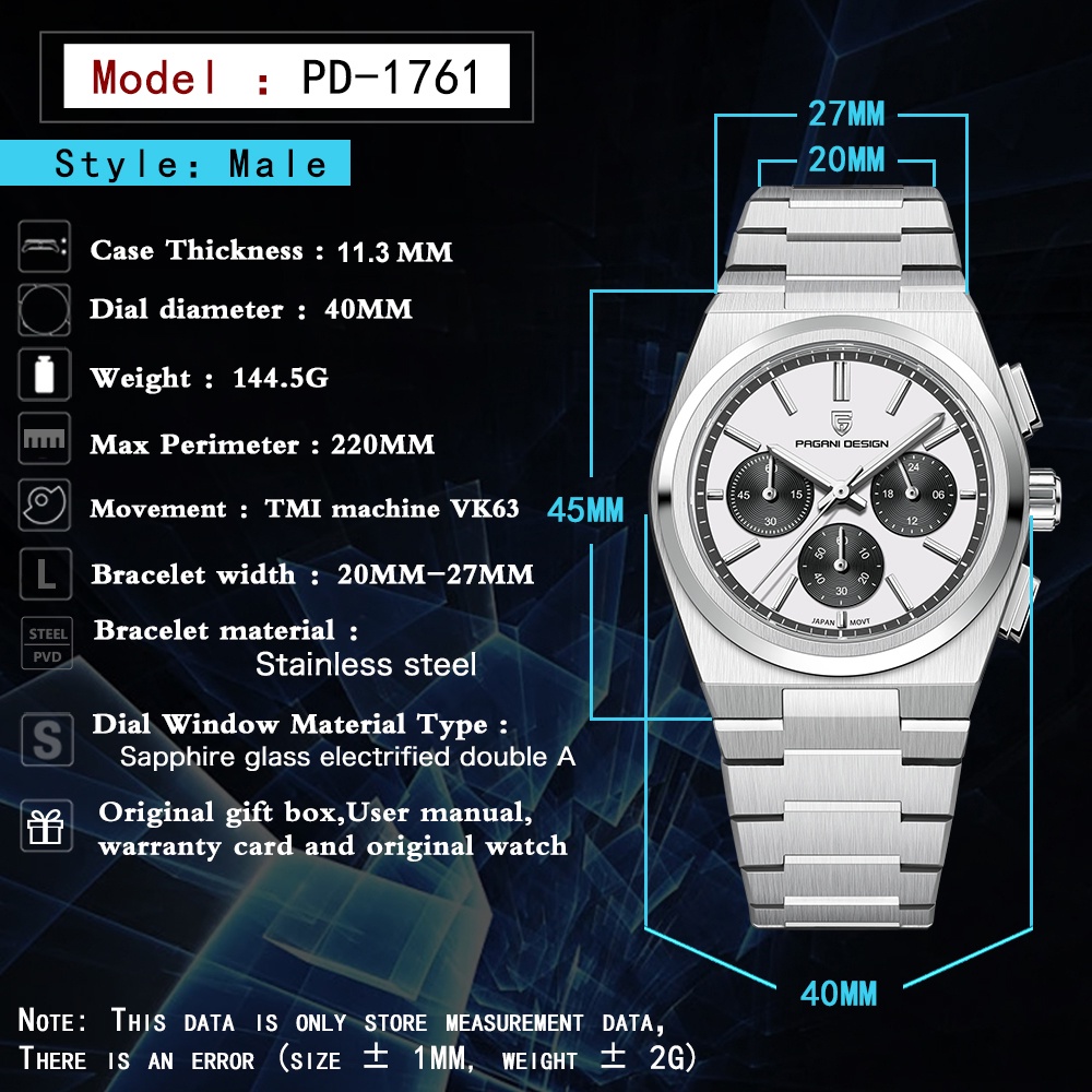 PAGANI DESIGN เดิม 40 มิลลิเมตรผู้ชายควอตซ์นาฬิกาสแตนเลสวงญี่ปุ่น TMI VK63 แซฟไฟร์แก้ว 100M กันน้ำผู้ชายบูติกนาฬิกา PD-1761