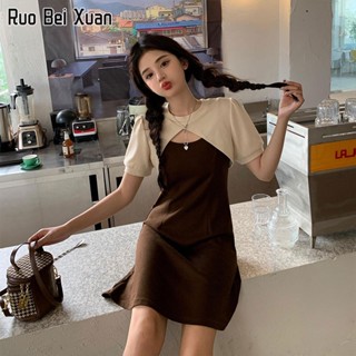 RUO BEI XUAN เดรสสตรี 2023 ฤดูร้อนใหม่สไตล์เกาหลีแฟชั่นเย็บเดรส