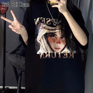 RUO BEI XAUN เสื้อยืดสตรีสไตล์เกาหลี Retro Street แฟชั่นพิมพ์เสื้อแขนสั้น