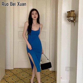 RUO BEI XUAN ชุดเดรสสตรีแฟชั่นสไตล์เกาหลีใหม่ชุดเดรสสลิงเซ็กซี่ผ่าหน้า