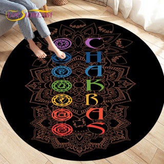 พรมปูพื้น ทรงกลม ลายจักระ Mandala Boho สีรุ้ง 7 จักระ กันลื่น สําหรับตกแต่งห้องนอน ห้องนั่งเล่น โยคะ